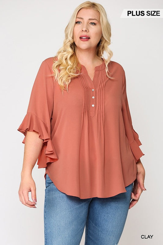 Bubble Crepe Ruffled Sleeves Pintuck Detail Top - Absolute Fashion 2020