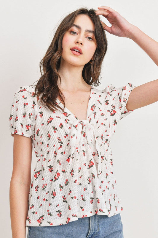 Front Tie Floral Waffle Top - Absolute Fashion 2020