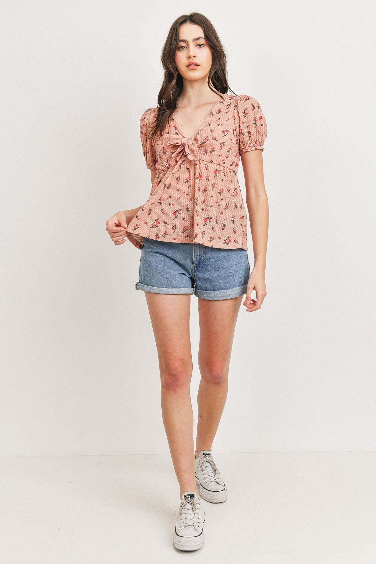 Front Tie Floral Waffle Top - Absolute Fashion 2020