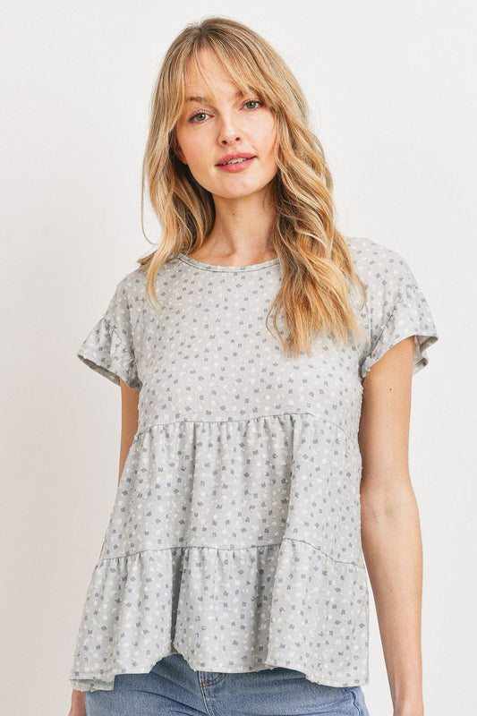 Dot Textured Print Jersey Ruffled Short Sleeve Top - Absolute Fashion 2020