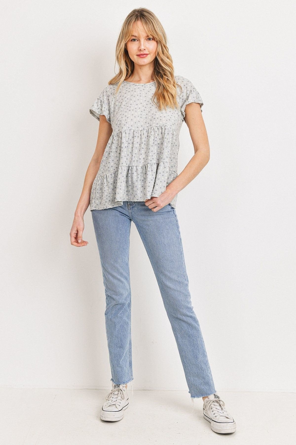 Dot Textured Print Jersey Ruffled Short Sleeve Top - Absolute Fashion 2020