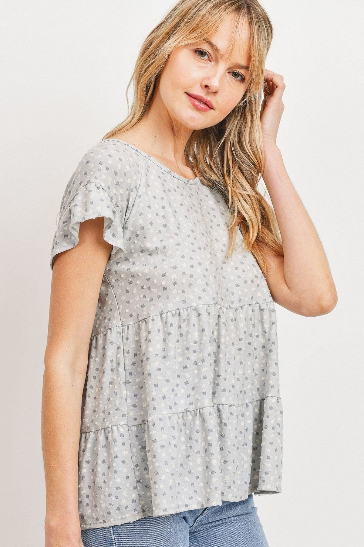 Dot Textured Print Jersey Ruffled Short Sleeve Top - Absolute Fashion 2020