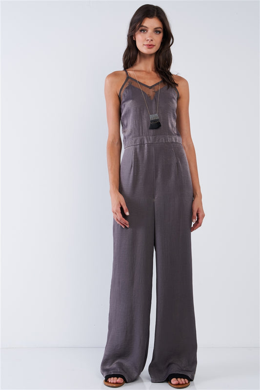 Dark Olive Chic Satin Sleeveless Mesh Hem V-neck Wide Leg Jumpsuit - Absolute Fashion 2020