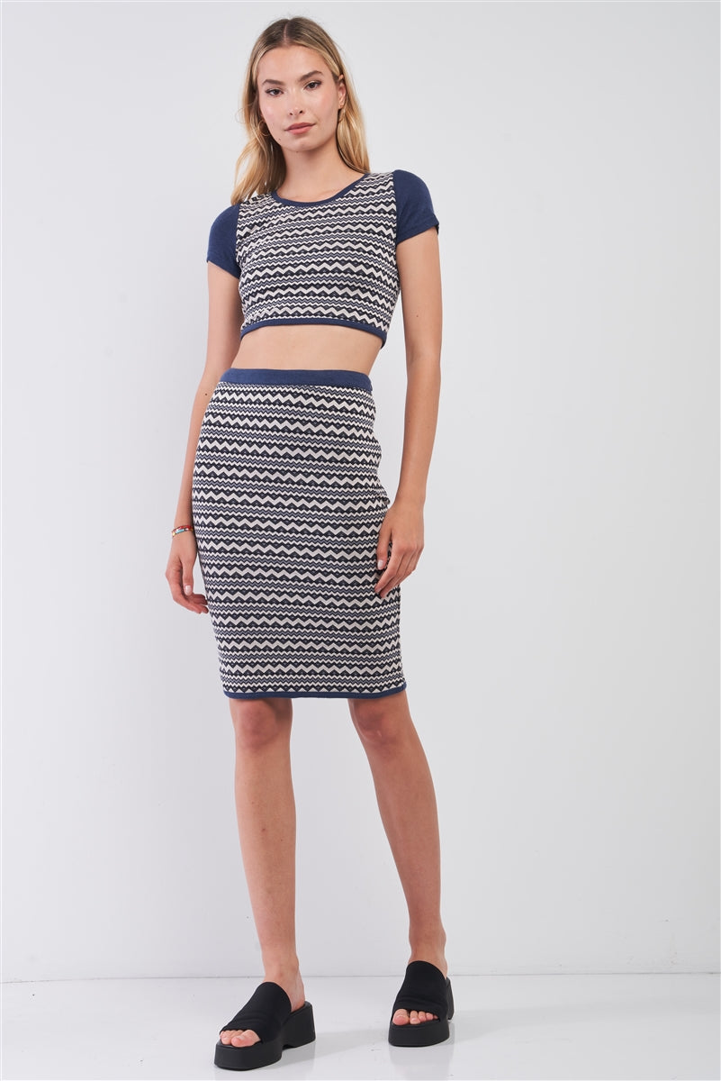 Navy & White Geometrical Pattern Short Sleeve Crop Top & High-waisted Pencil Skirt Two Piece Set - Absolute Fashion 2020