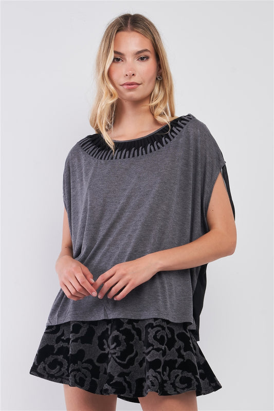 Grey & Black Color Block Interlocking Trim Neckline Mesh Back Detail Loose Fit Top - Absolute Fashion 2020