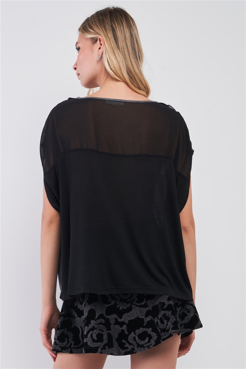 Grey & Black Color Block Interlocking Trim Neckline Mesh Back Detail Loose Fit Top - Absolute Fashion 2020