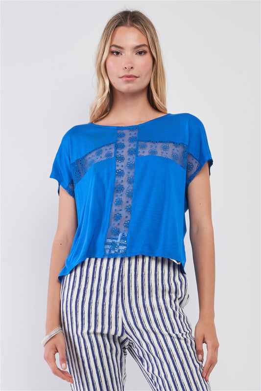 Royal Blue Boat Neck Short Sleeve See-trough Cross Cut-in Detail With Floral Embroidery Top - Absolute Fashion 2020