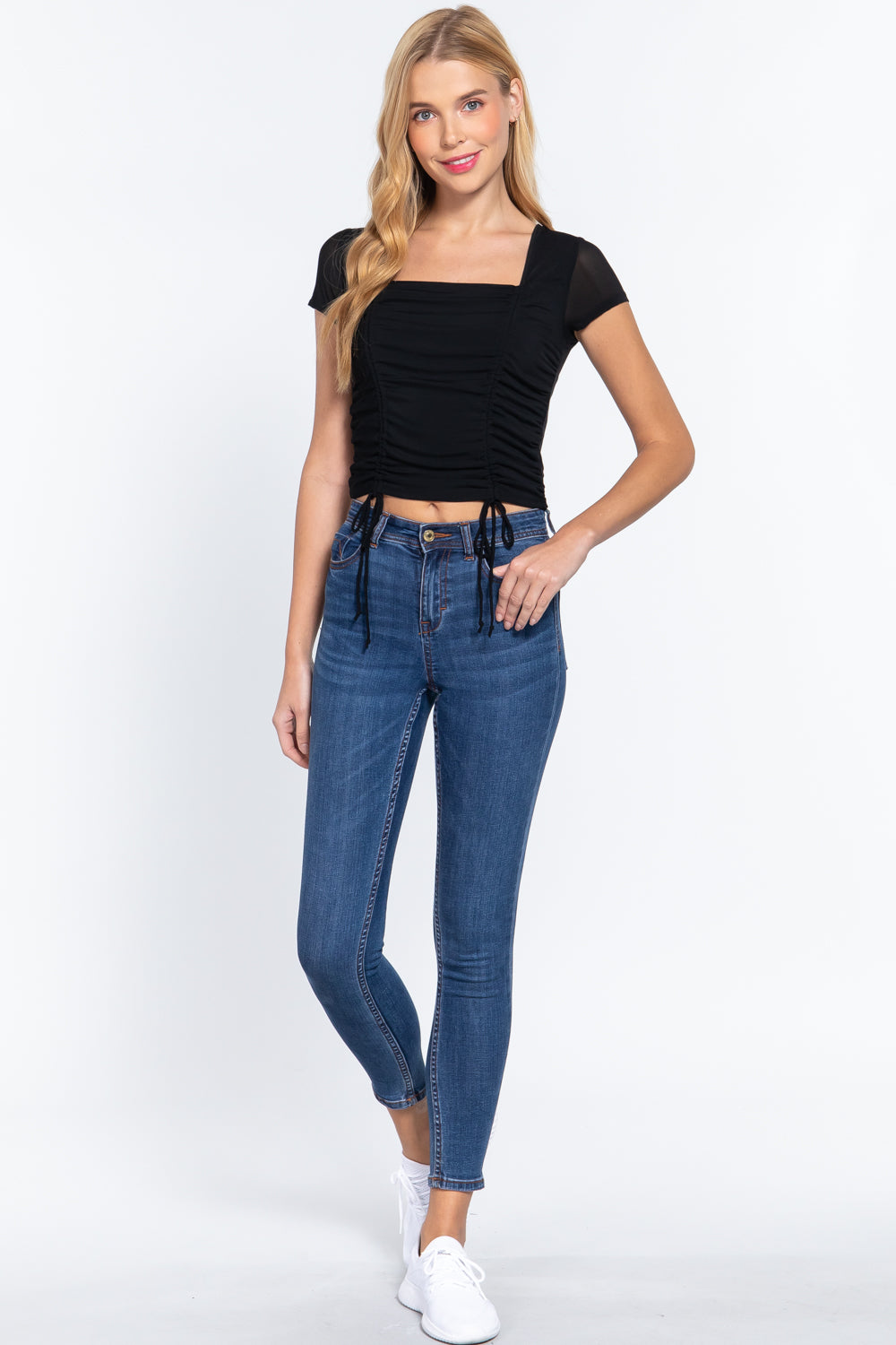 Short Slv Shirring Mesh Knit Top - Absolute Fashion 2020