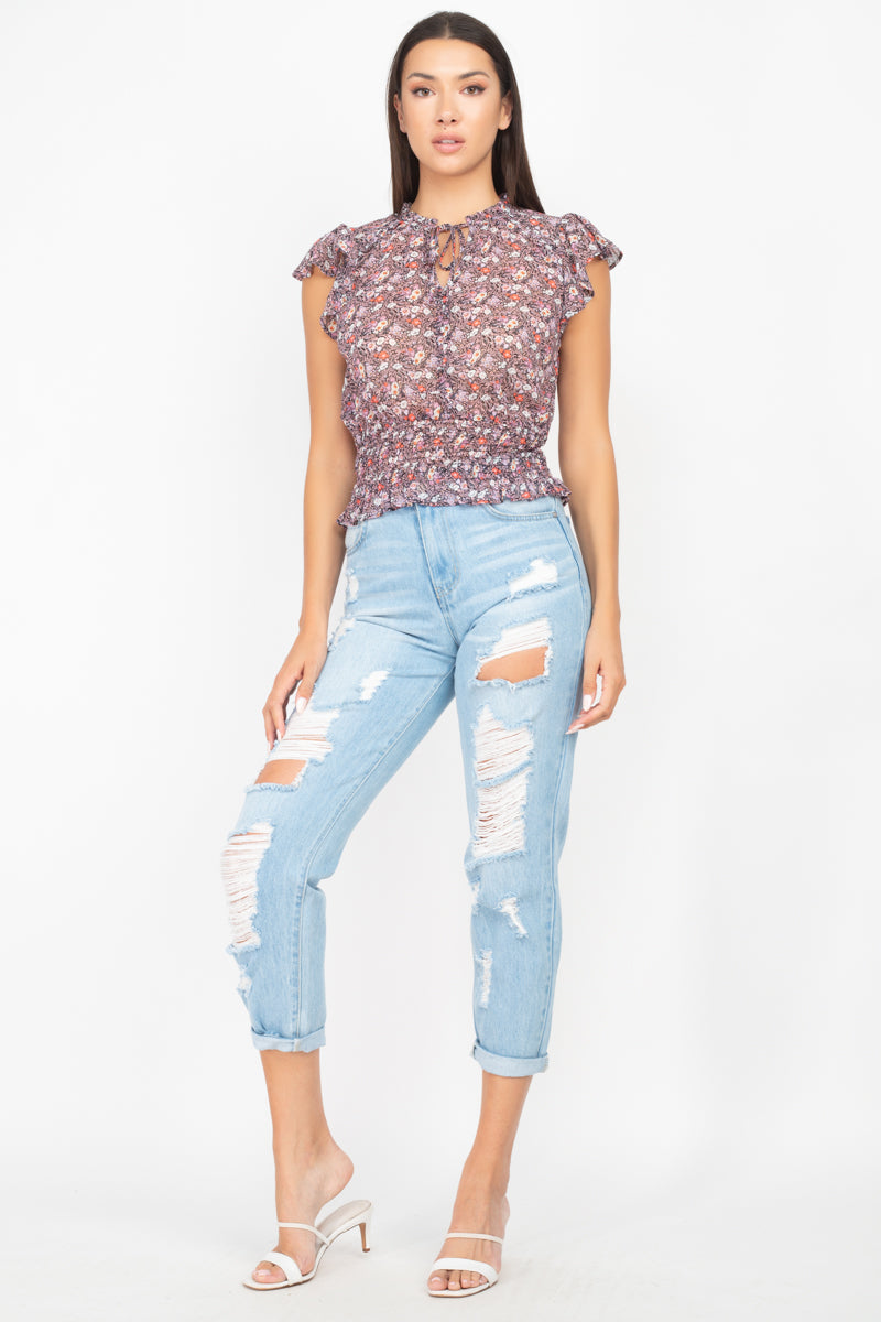Floral Flutter Sleeves Smocked Top - Absolute Fashion 2020