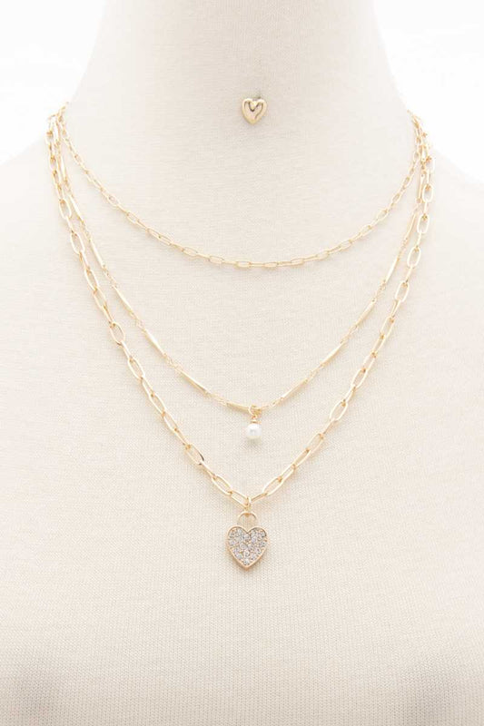 Rhinestone Heart Charm Layered Necklace - Absolute Fashion 2020