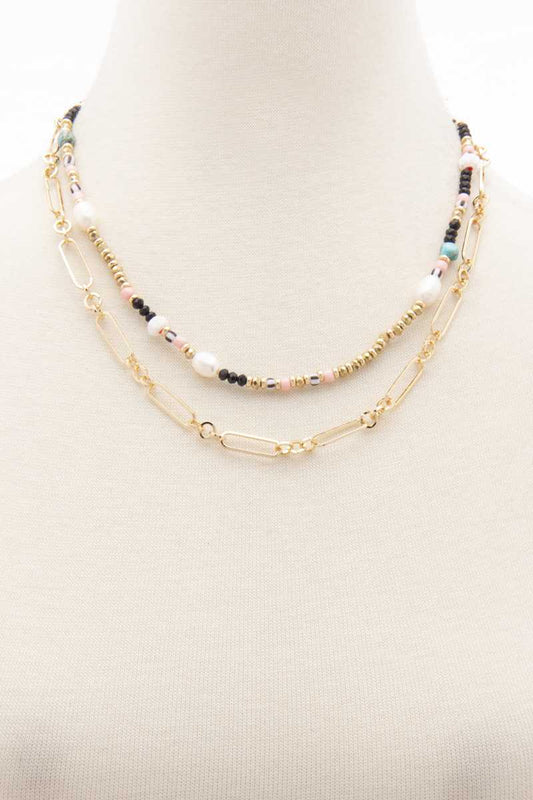 Seed Bead Oval Link Layered Necklace - Absolute Fashion 2020