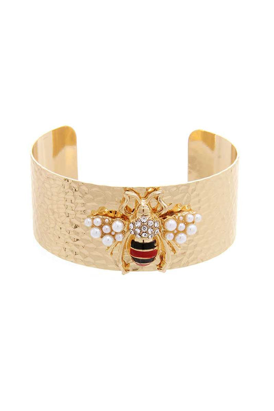 Hammered Metal With Pearl Bee Open Cuff Bracelet - Absolute Fashion 2020