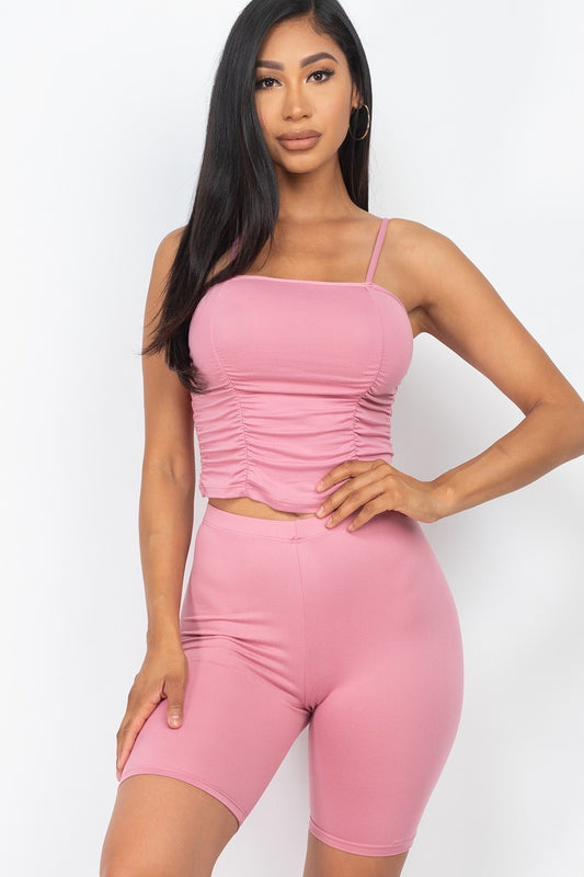 Camisole Ruched Sleeveless Top & Biker Shorts Set - Absolute Fashion 2020