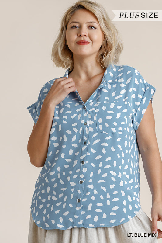 V-neck Dalmatian Print Button Front Top With Pocket Detail - Absolute Fashion 2020