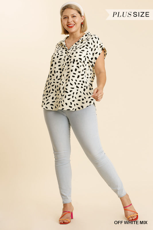 V-neck Dalmatian Print Button Front Top With Pocket Detail - Absolute Fashion 2020