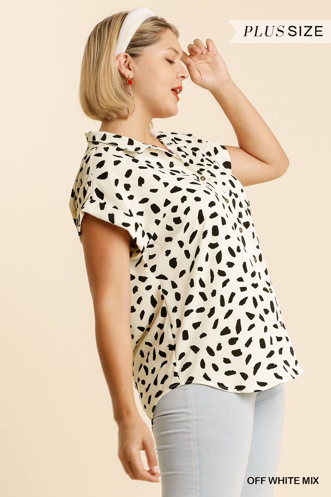 V-neck Dalmatian Print Button Front Top With Pocket Detail - Absolute Fashion 2020