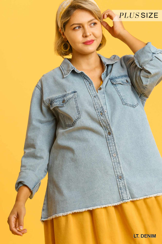 Chest Pockets Collar Button Down Denim Jacket With Unfinished High Low Hem - Absolute Fashion 2020