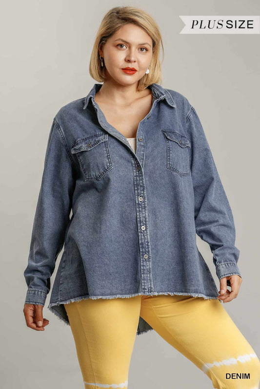 Chest Pockets Collar Button Down Denim Jacket With Unfinished High Low Hem - Absolute Fashion 2020