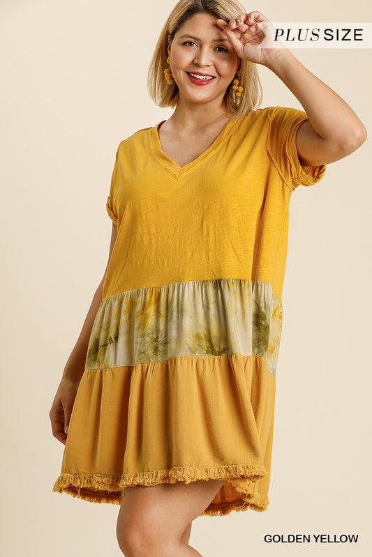 Tie Dye V-neck Short Folded Sleeve Raw Edged Detail Dress With Fringed Hem - Absolute Fashion 2020