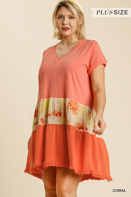 Tie Dye V-neck Short Folded Sleeve Raw Edged Detail Dress With Fringed Hem - Absolute Fashion 2020