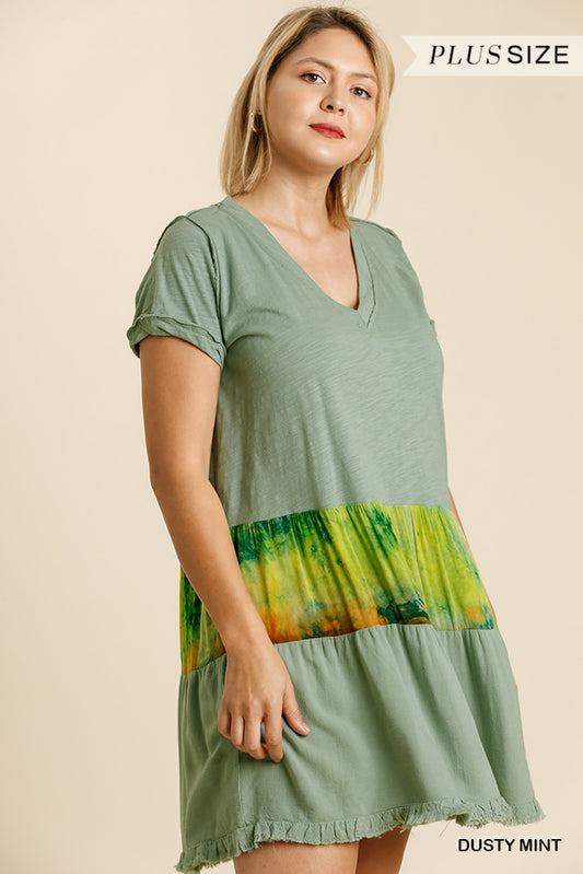 Tie Dye V-neck Short Folded Sleeve Raw Edged Detail Dress With Fringed Hem - Absolute Fashion 2020