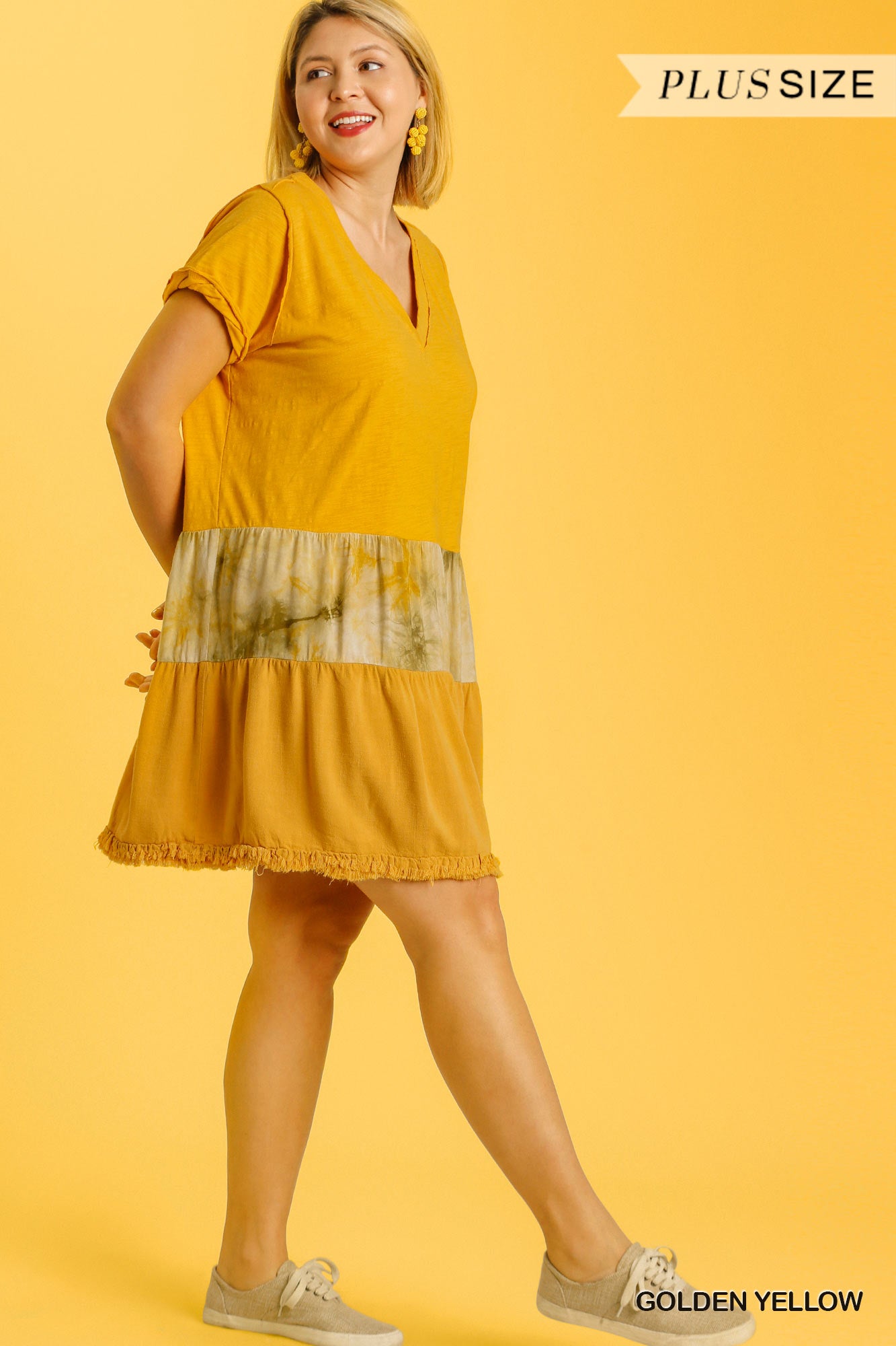 Tie Dye V-neck Short Folded Sleeve Raw Edged Detail Dress With Fringed Hem - Absolute Fashion 2020