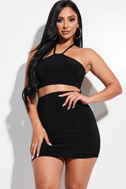 Solid Knit Double Layered Halter Neck Mini Dress With Front Cut Out - Absolute Fashion 2020