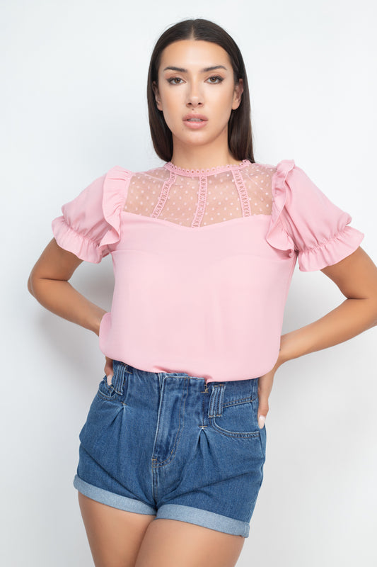Dot Mesh Ruffled Sleeve Blouse - Absolute Fashion 2020