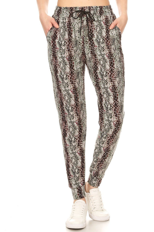 Snakeskin Printed Joggers With Solid Trim, Drawstring Waistband, Waist - Absolute Fashion 2020