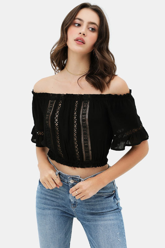 Lace Trim On The Front And Sleeves, Waist Band Cropped Top - Absolute Fashion 2020