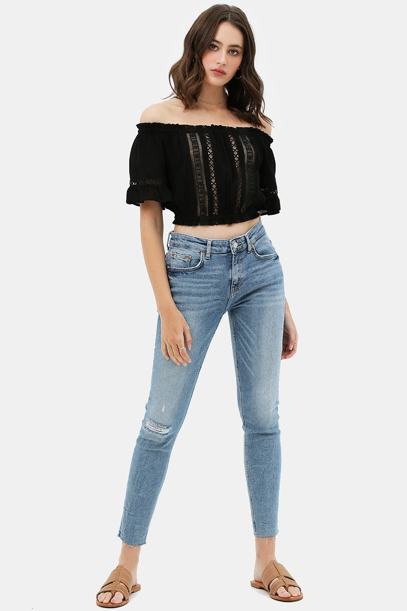 Lace Trim On The Front And Sleeves, Waist Band Cropped Top - Absolute Fashion 2020