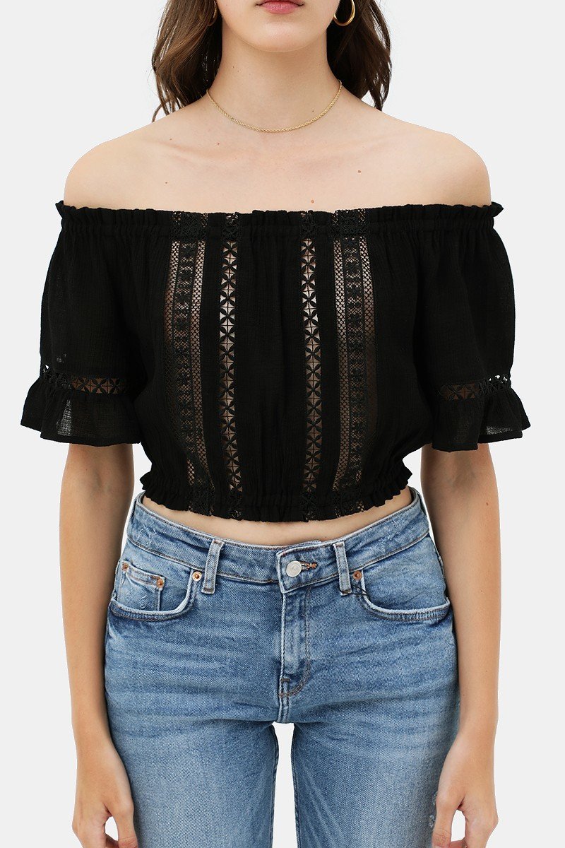 Lace Trim On The Front And Sleeves, Waist Band Cropped Top - Absolute Fashion 2020