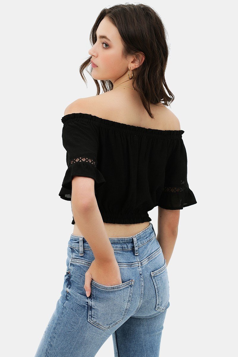 Lace Trim On The Front And Sleeves, Waist Band Cropped Top - Absolute Fashion 2020