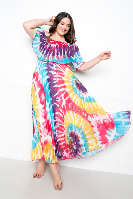 Tie Dye Off Shoulder Pleated Maxi Dress - Absolute Fashion 2020