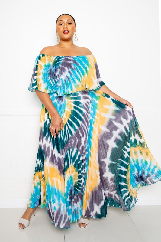 Tie Dye Off Shoulder Pleated Maxi Dress - Absolute Fashion 2020