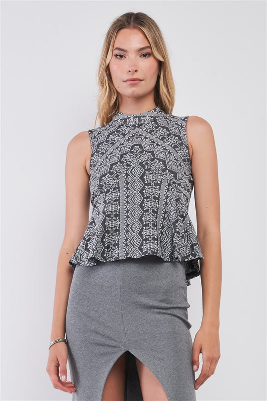 Charcoal Grey Damask-inspired Geometric Pattern Print Sleeveless Mock Neck Fit & Flare Top - Absolute Fashion 2020