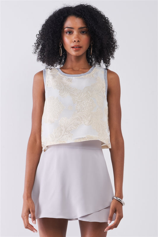 Cream Chiffon Golden Weave Ornament Embroidery Sleeveless Crop Top - Absolute Fashion 2020