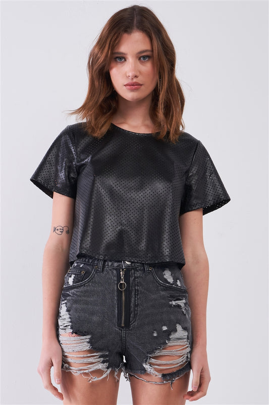 Black Vegan Leather Laser Cut Round Neck Wide Short Sleeve Cropped Top - Absolute Fashion 2020