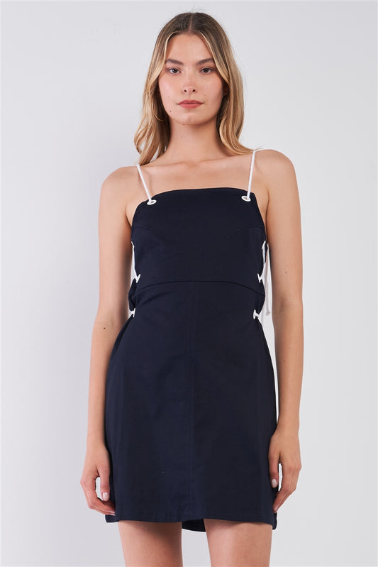Lace-up Straps Sleeveless Square Neck Fitted Mini Dress - Absolute Fashion 2020