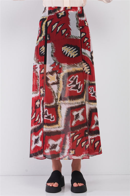 Red & Multi Vintage Graphic Print High-waisted Two Front Slits Maxi Skirt - Absolute Fashion 2020