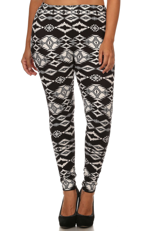 Knit, Tribal Pattern Print, Full Length Leggings With Elastic Waist - Absolute Fashion 2020