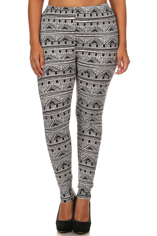 Knit, Tribal Pattern Print, Full Length Leggings With Elastic Waist - Absolute Fashion 2020