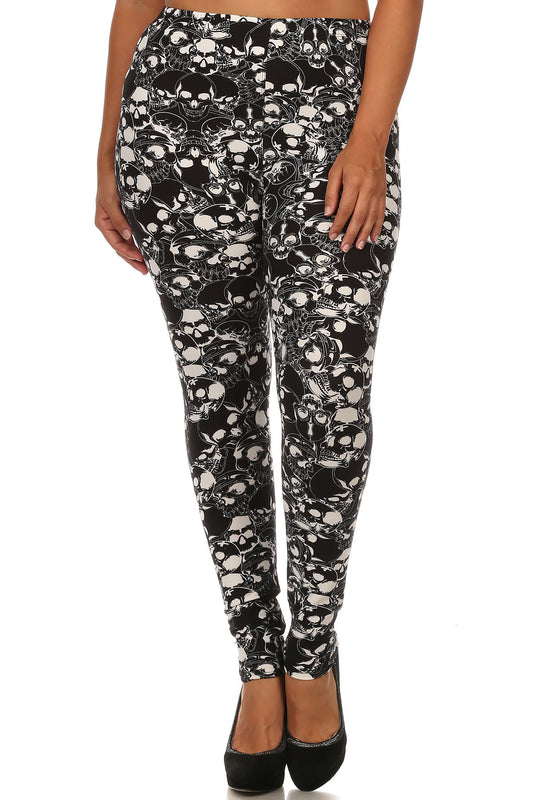 Knit, Skull Pattern Print, Full Length Leggings With Elastic Waist - Absolute Fashion 2020