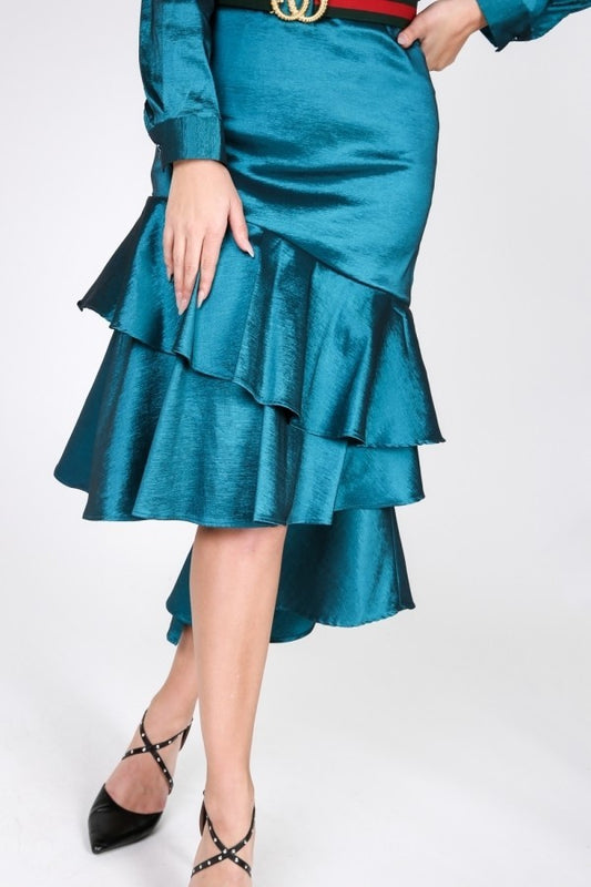 Asymmetrical Ruffle Bottom Satin Skirt - Absolute Fashion 2020