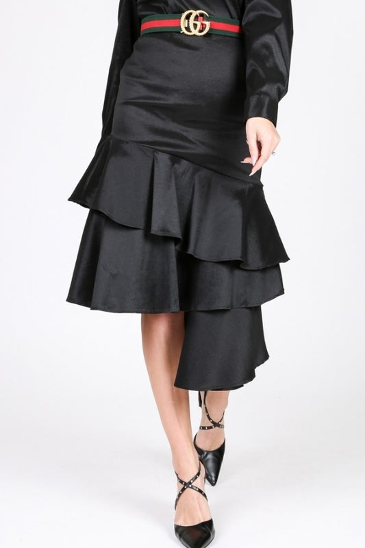 Asymmetrical Ruffle Bottom Satin Skirt - Absolute Fashion 2020