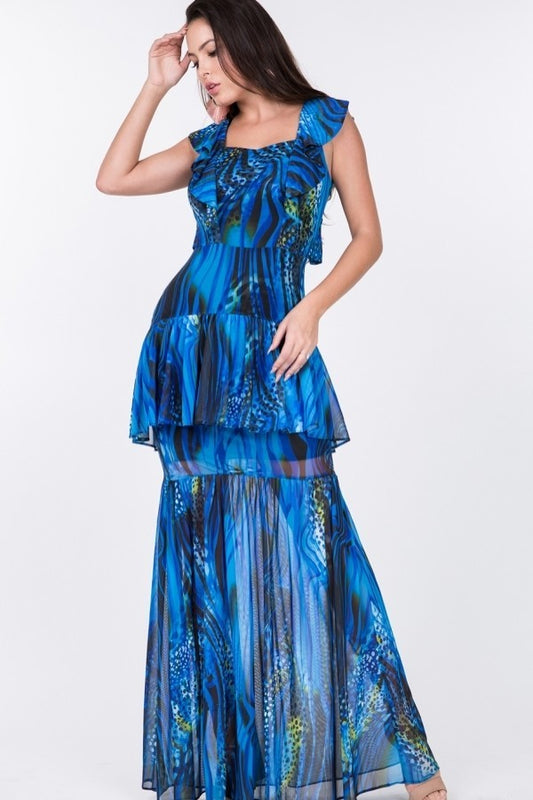 Ruffle Sleeve Tiered Bottom Print Long Dress - Absolute Fashion 2020