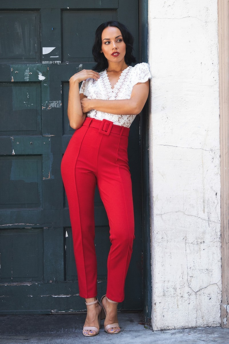 Ankle Tapered Self-fabric Buckle Belt Pants - Absolute Fashion 2020