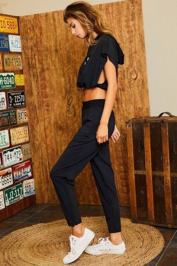 Hoodie Waist Adjustable Contrast Mesh Crop Top - Absolute Fashion 2020
