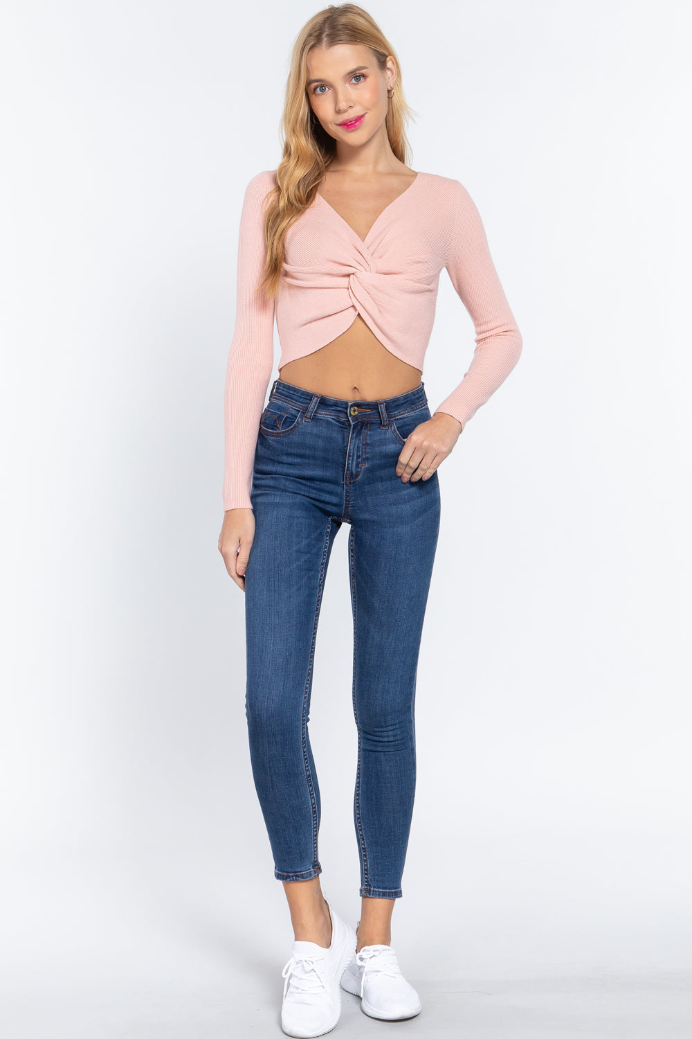 V-neck Front Knotted Crop Sweater - Absolute Fashion 2020