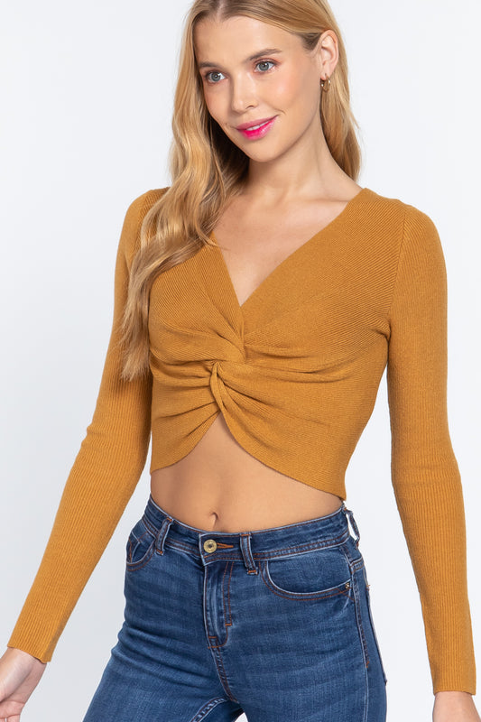 V-neck Front Knotted Crop Sweater - Absolute Fashion 2020